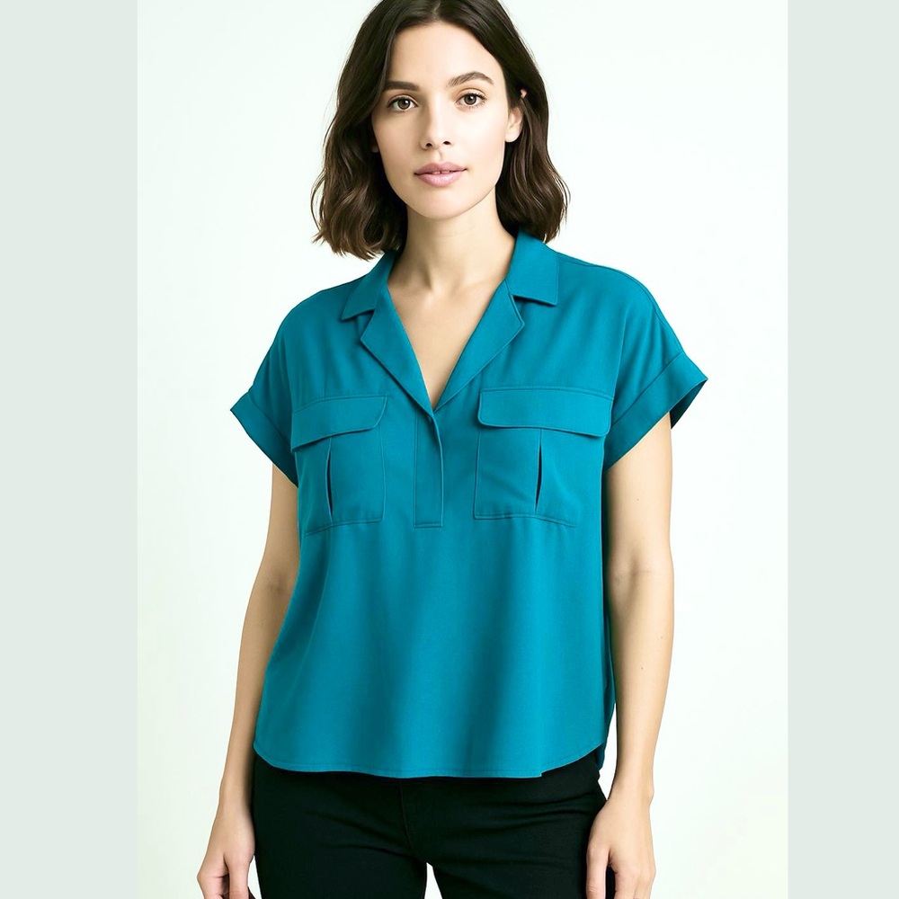 Rose & Olive Teal Blue Short Sleeve Safari Blouse Size S